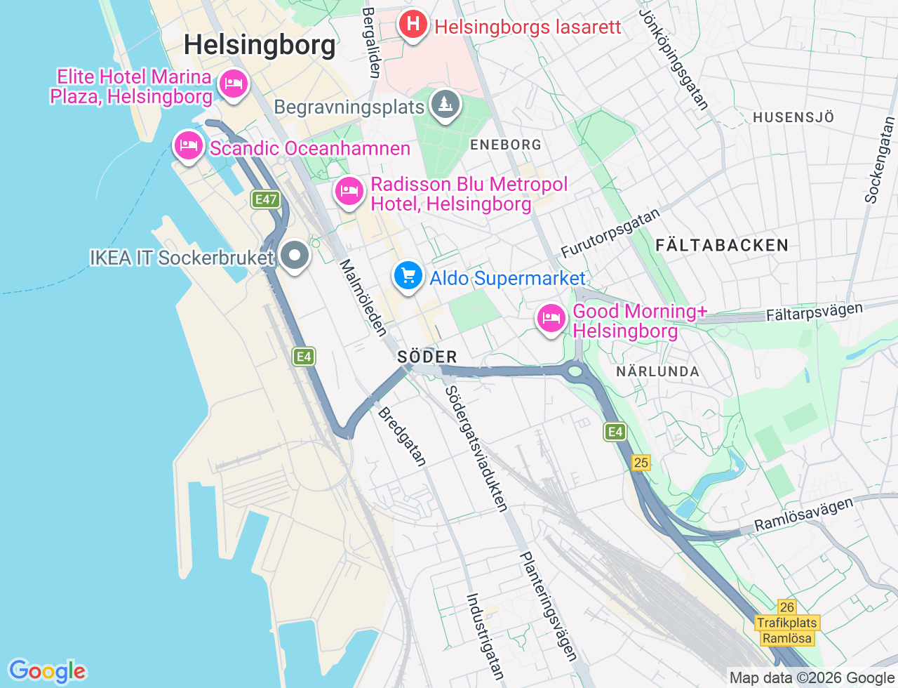 Karta över Bryggaregatan 28 i 33 Helsingborg