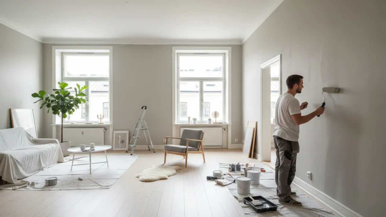 En person som målar om en vägg i en ljus hyresrätt med noggrann maskering.
