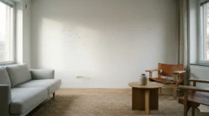 En ljus och modern lägenhet med fokus på golv och väggar för att illustrera normalt slitage.