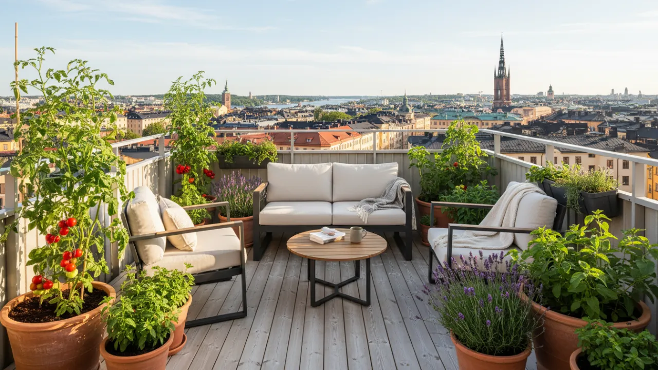 En lummig balkong med odlingar i krukor och vacker utsikt över takåsar.