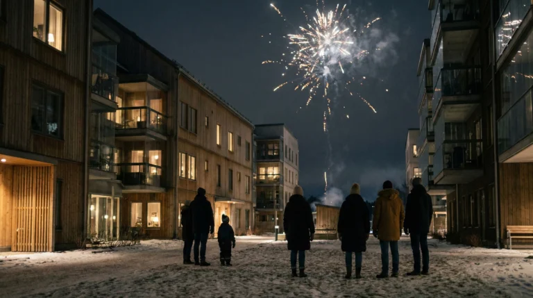 Fyrverkerier lyser upp natthimlen över ett bostadsområde, sett från säkert avstånd utanför hyreshusen
