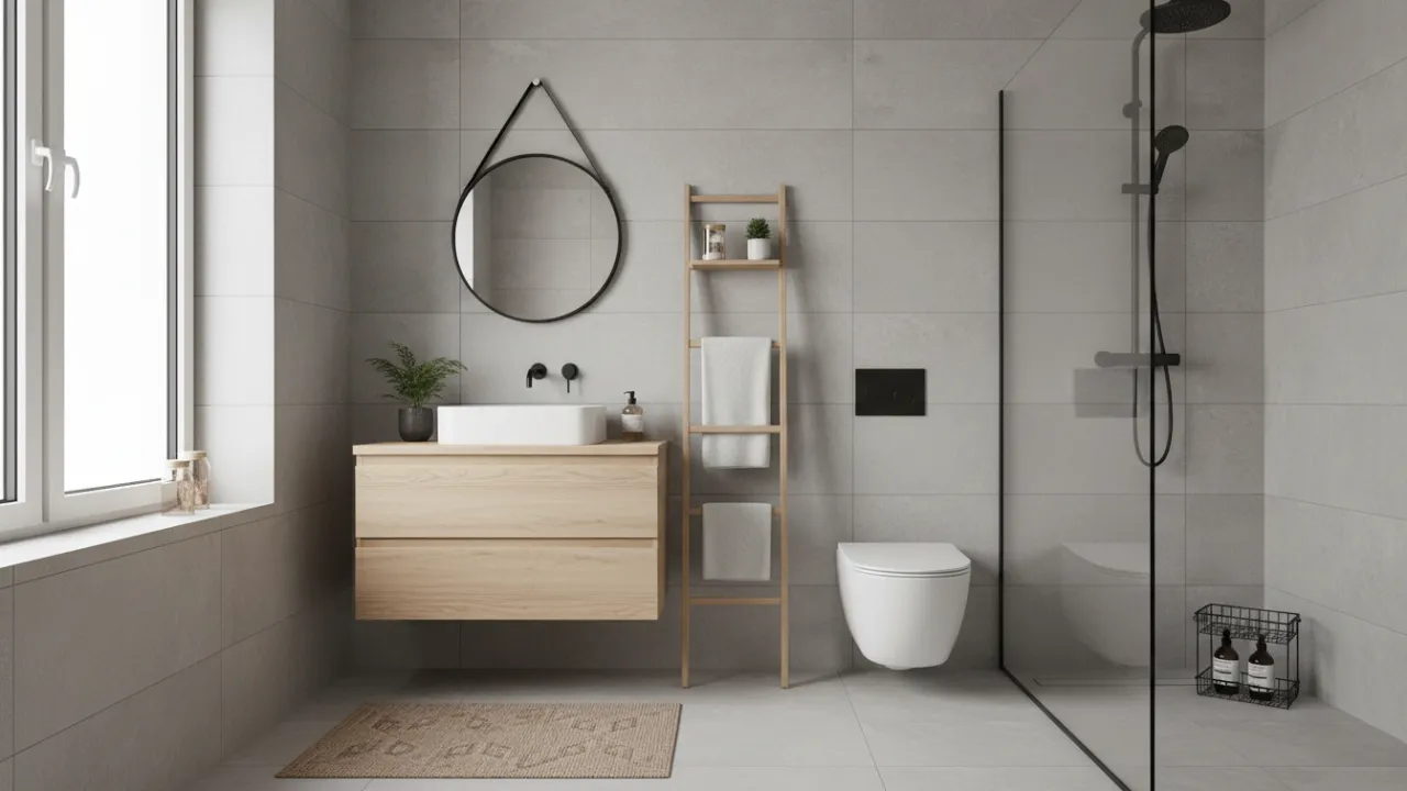 Modernt badrum i en hyresrätt med stilren inredning och grått kakel.