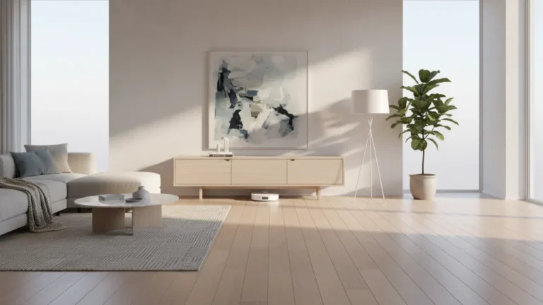 Modern robotdammsugare i ett skandinaviskt vardagsrum med ljusa trägolv.