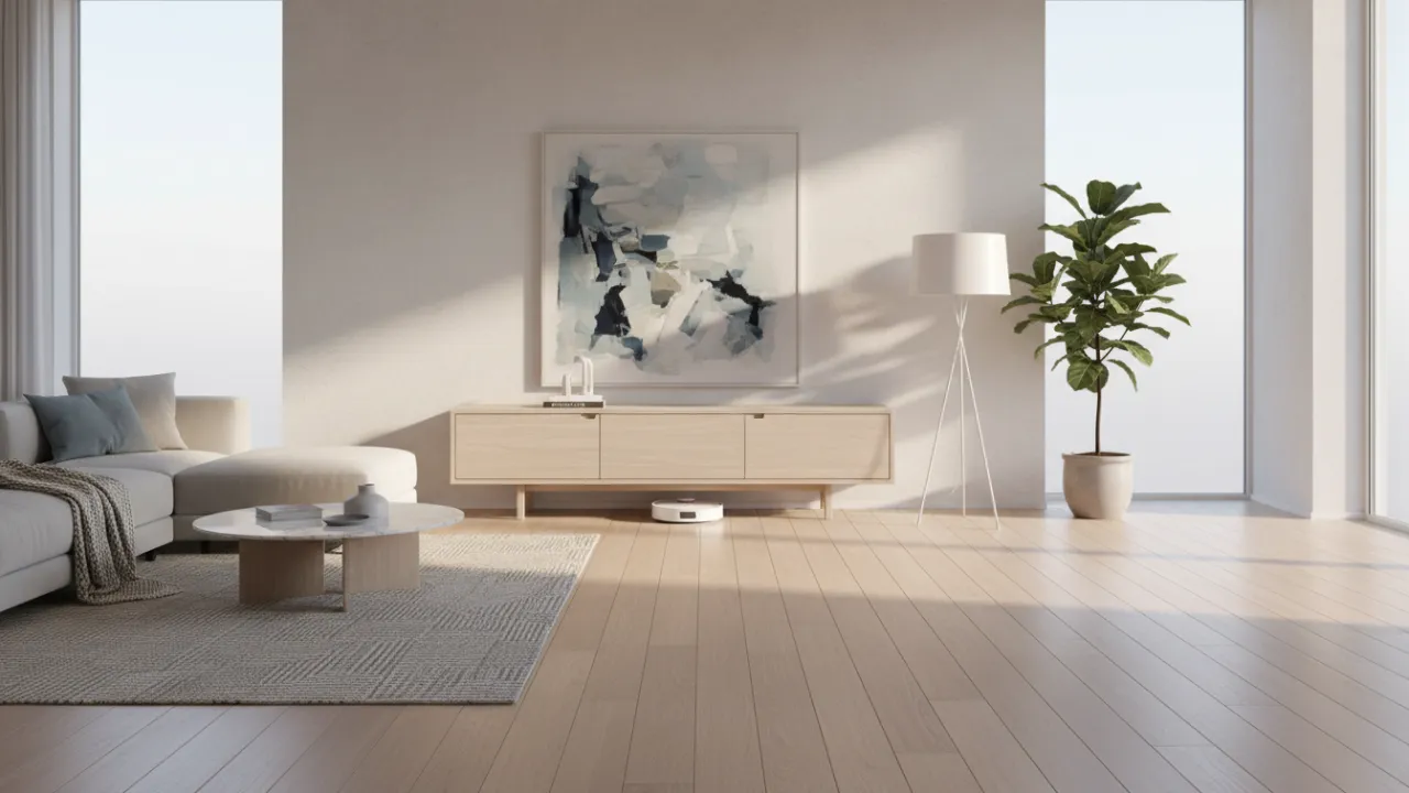 Modern robotdammsugare i ett skandinaviskt vardagsrum med ljusa trägolv.