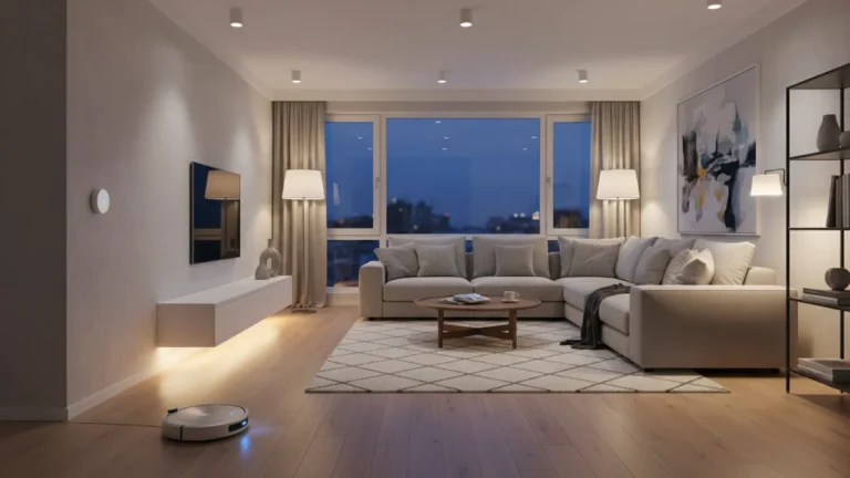 Modernt svenskt vardagsrum med smart belysning och sensorer 2026