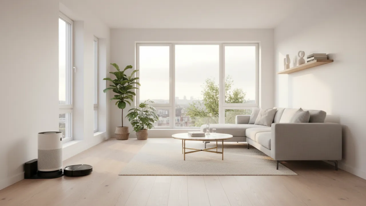 En modern och ren lägenhet med luftrenare och robotdammsugare.
