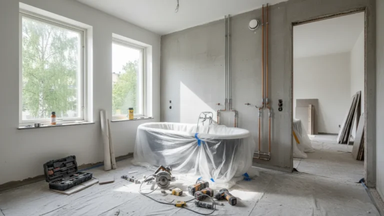 Modernt badrum under stambyte i en svensk hyresrätt