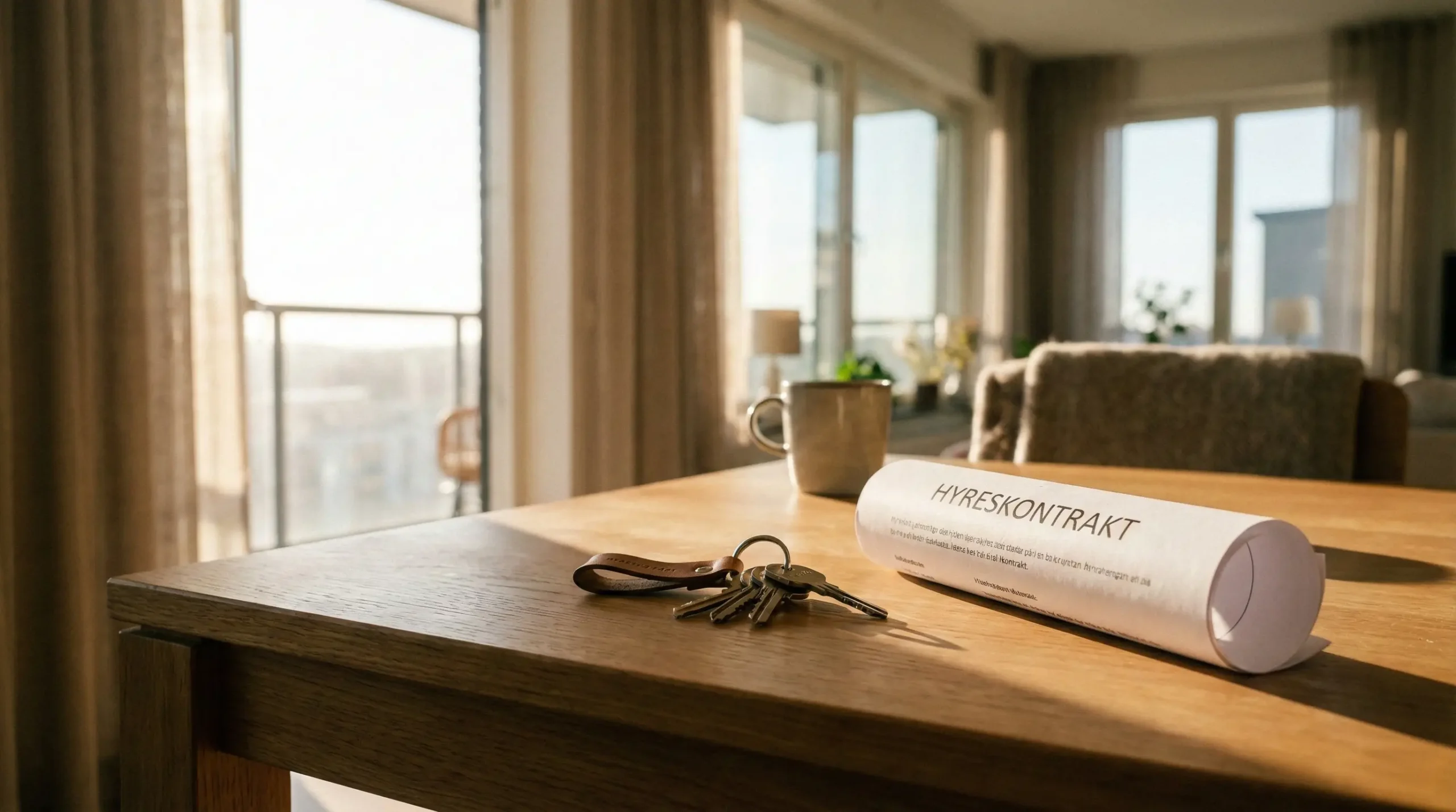 En modern svensk lägenhet med nycklar och hyresavtal på ett bord.