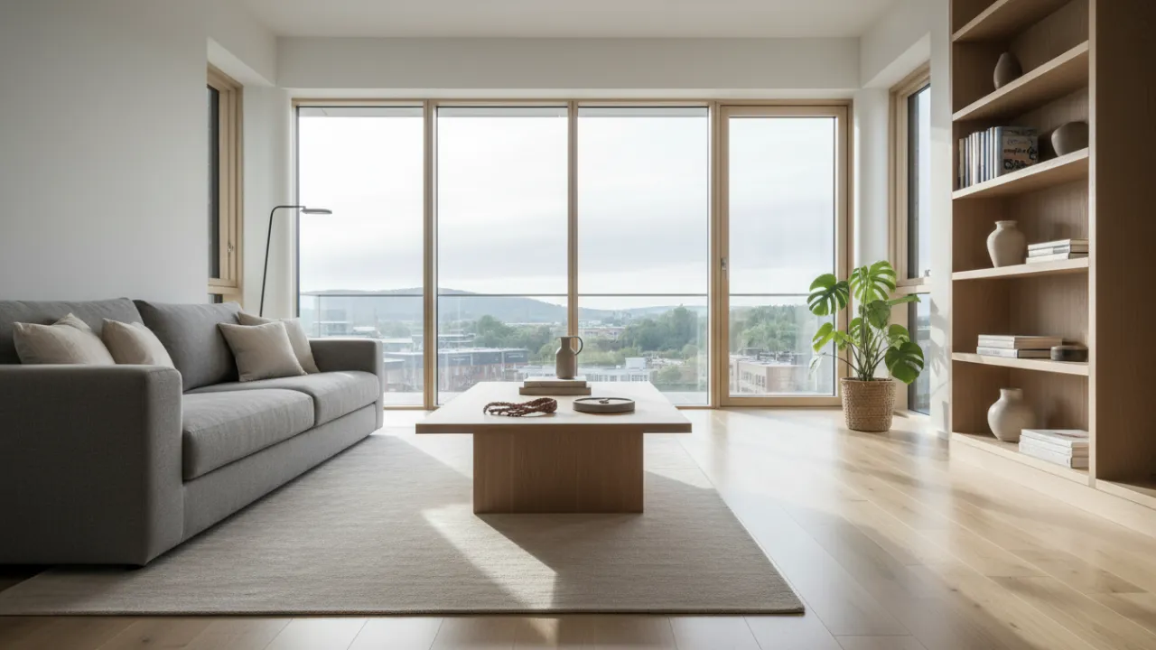 En ljus skandinavisk lägenhet med nycklar på ett bord, symboliserar uthyrning av egen bostad.