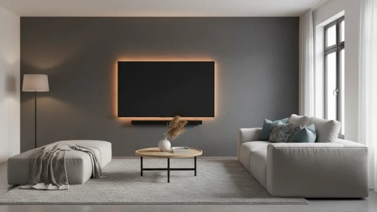 En professionellt monterad 85-tums TV med soundbar och LED-bakgrundsbelysning i ett modernt vardagsrum.