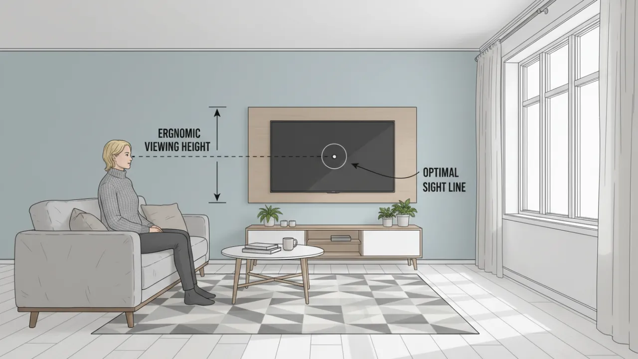 Diagram som visar korrekt ergonomisk höjd för en väggmonterad TV.